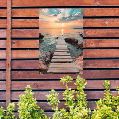 Rustieke houten steiger tijdens een kleurrijke zonsondergang tuinposter