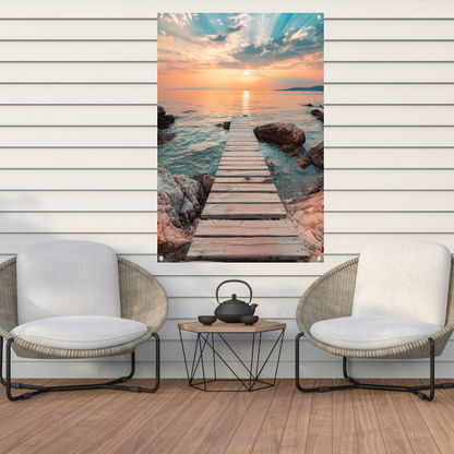 Rustieke houten steiger tijdens een kleurrijke zonsondergang tuinposter