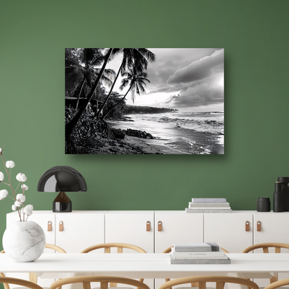 Zwart-wit strand met palmbomen canvas met baklijst