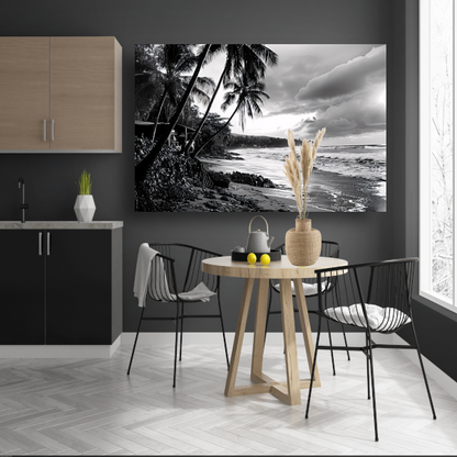 Zwart-wit strand met palmbomen canvas