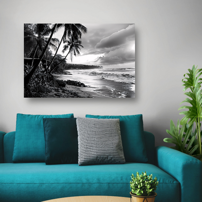 Zwart-wit strand met palmbomen canvas