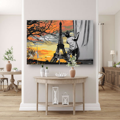 Jongen kijkt naar Eiffeltoren bij zonsondergang poster