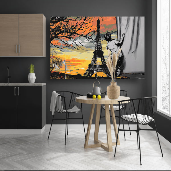 Jongen kijkt naar Eiffeltoren bij zonsondergang poster