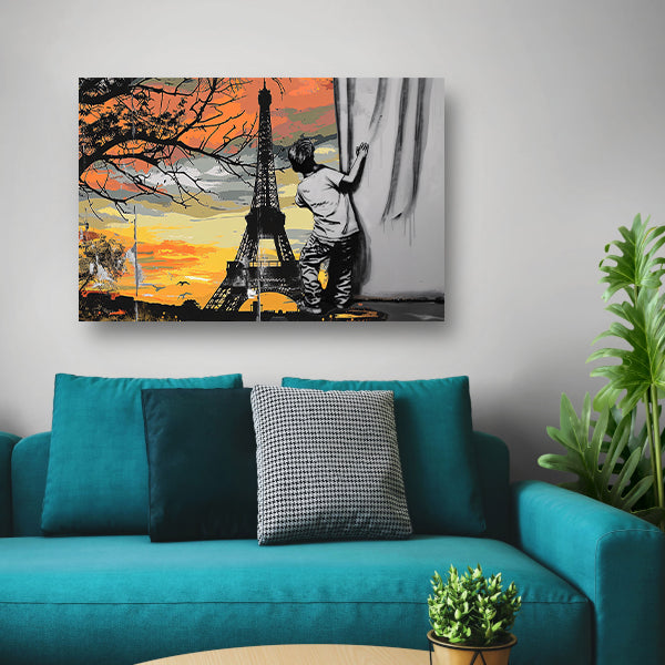 Jongen kijkt naar Eiffeltoren bij zonsondergang poster