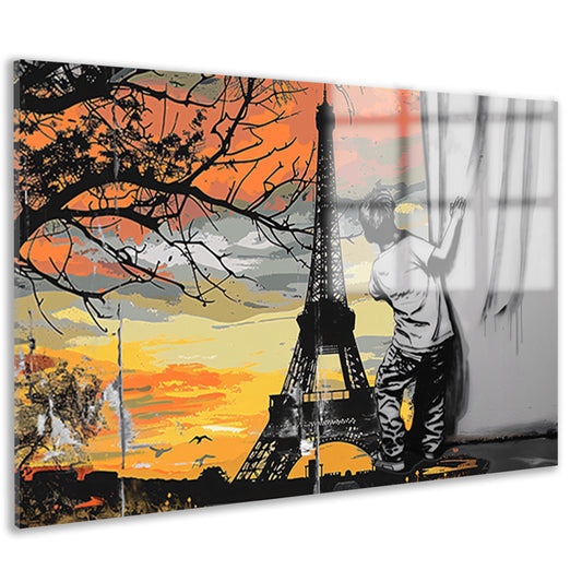Jongen kijkt naar Eiffeltoren bij zonsondergang acrylglas