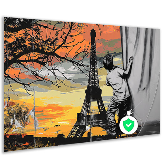 Jongen kijkt naar Eiffeltoren bij zonsondergang poster