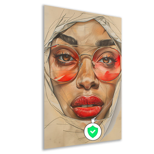 Vrouw met spiegelende rode bril poster