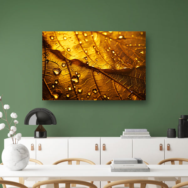 Waterdruppels op goudkleurig blad in detail canvas