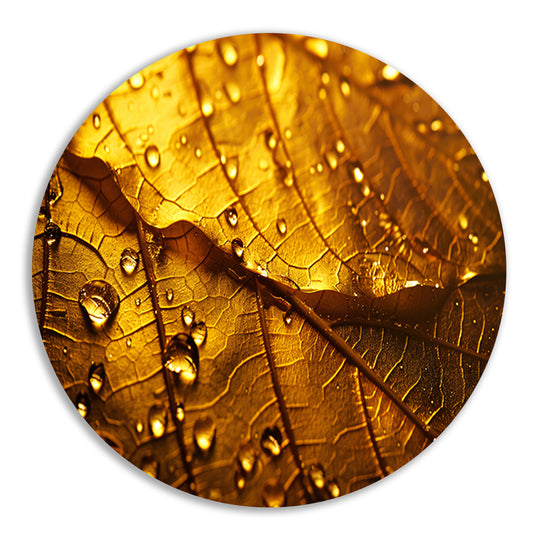 Waterdruppels op goudkleurig blad in detail aluminium muurcirkel