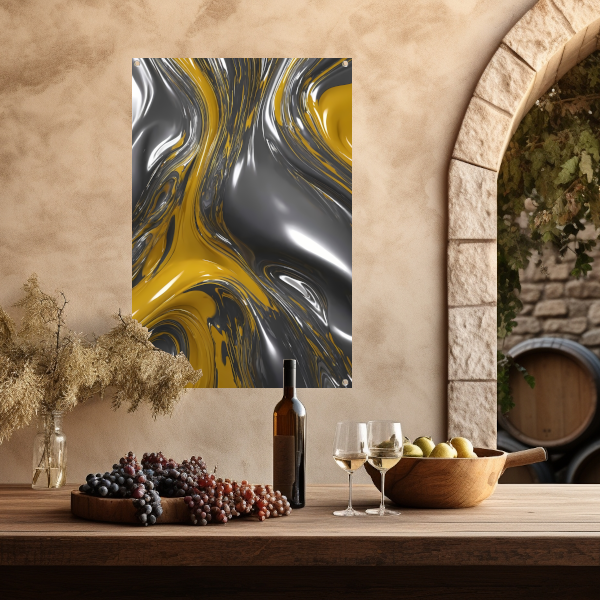 Dynamische Abstractie in Zilver en Geel tuinposter