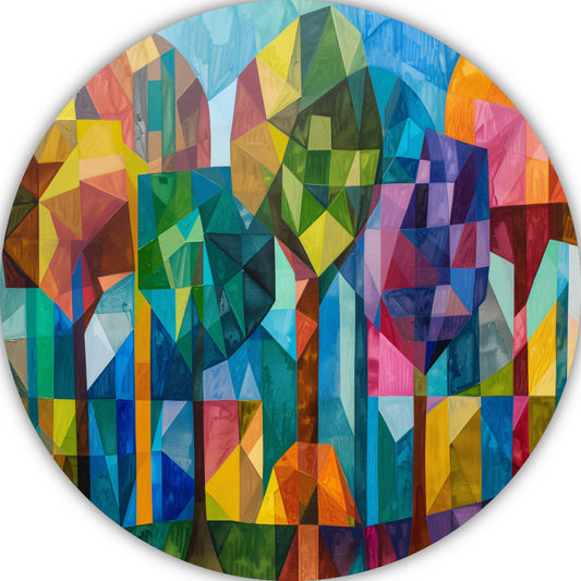 Abstracte kleurrijke bomen in geometrische stad aluminium muurcirkel