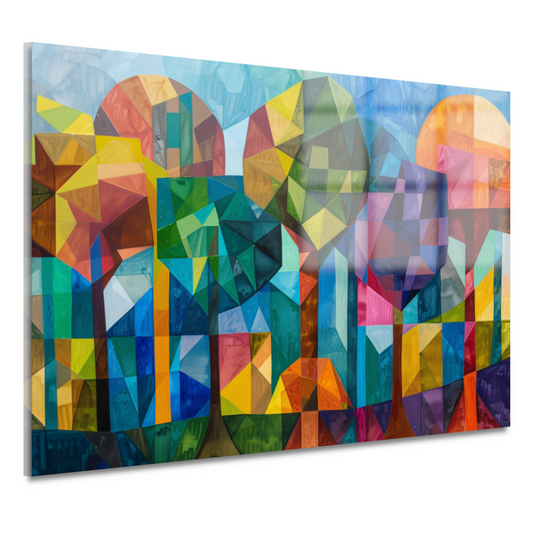 Abstracte kleurrijke bomen in geometrische stad acrylglas
