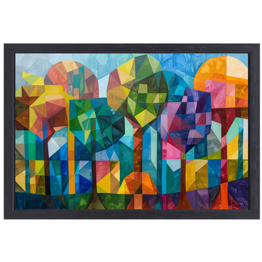 Abstracte kleurrijke bomen in geometrische stad canvas met baklijst