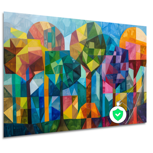 Abstracte kleurrijke bomen in geometrische stad poster