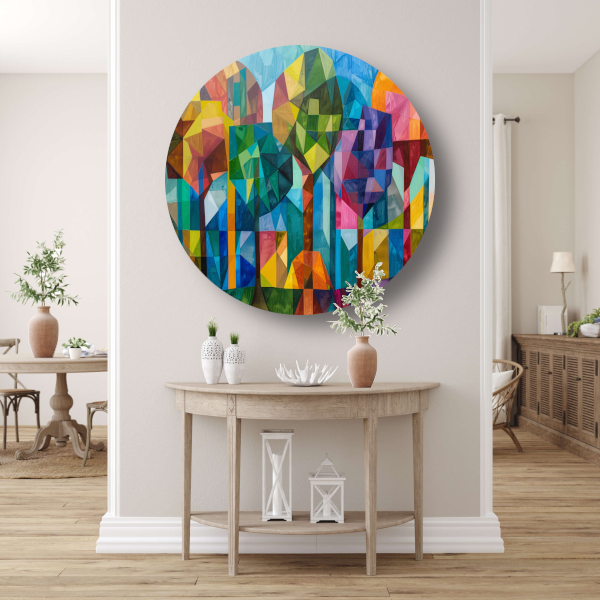 Abstracte kleurrijke bomen in geometrische stad forex muurcirkel