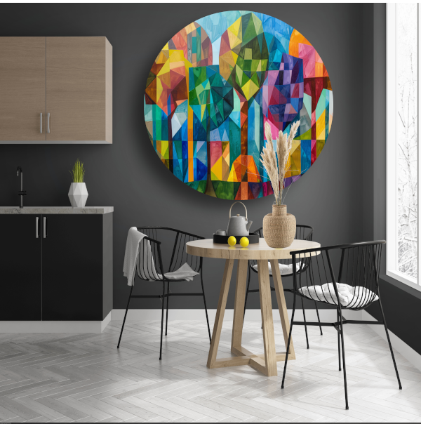 Abstracte kleurrijke bomen in geometrische stad aluminium muurcirkel
