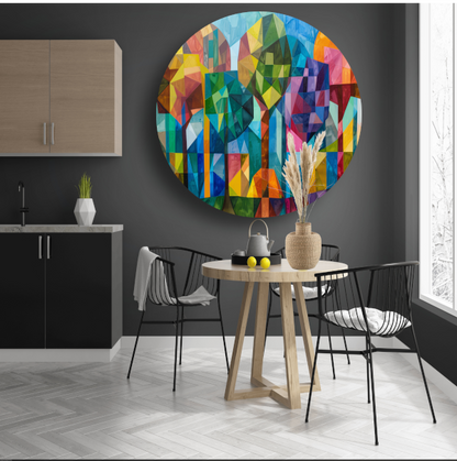 Abstracte kleurrijke bomen in geometrische stad aluminium muurcirkel