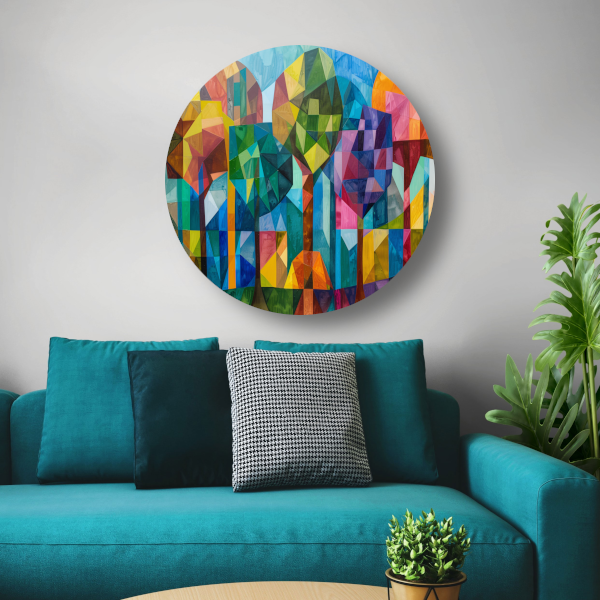Abstracte kleurrijke bomen in geometrische stad forex muurcirkel