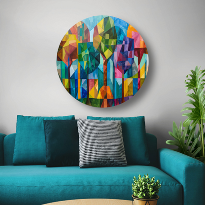 Abstracte kleurrijke bomen in geometrische stad forex muurcirkel