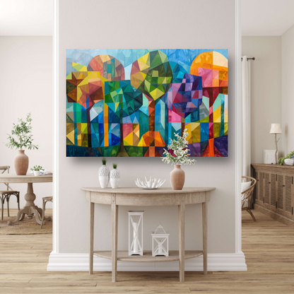 Abstracte kleurrijke bomen in geometrische stad poster