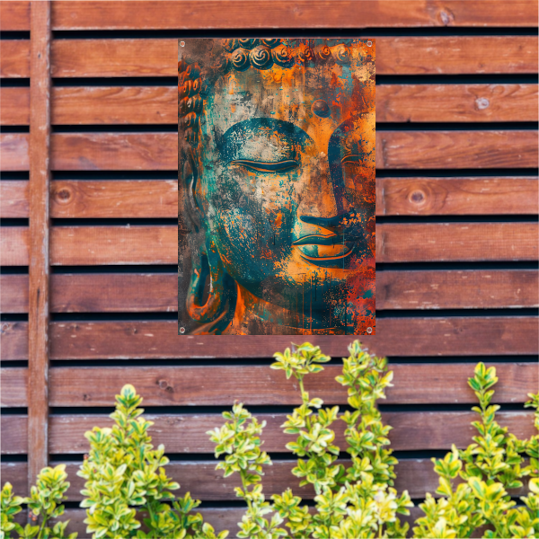 Levendig Boeddha-portret in rustieke stijl tuinposter