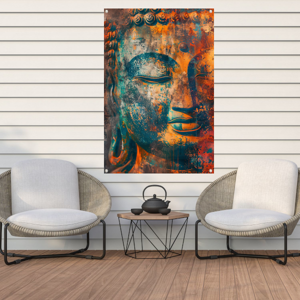 Levendig Boeddha-portret in rustieke stijl tuinposter
