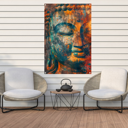 Levendig Boeddha-portret in rustieke stijl tuinposter