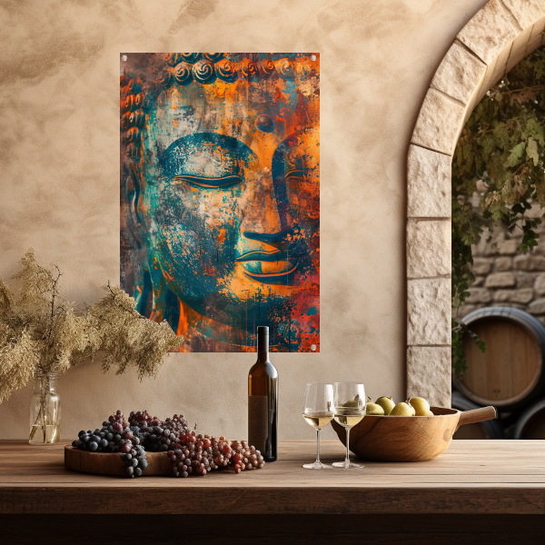 Levendig Boeddha-portret in rustieke stijl tuinposter