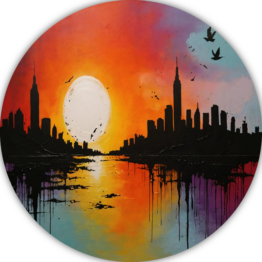 Abstracte stadssilhouet bij zonsondergang forex muurcirkel