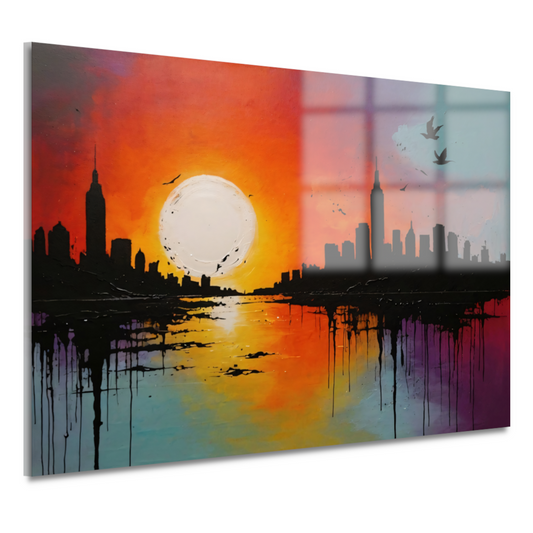 Abstracte stadssilhouet bij zonsondergang acrylglas