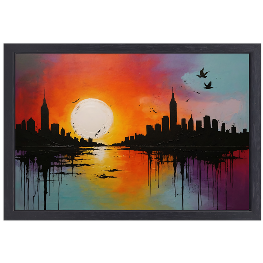 Abstracte stadssilhouet bij zonsondergang canvas met baklijst