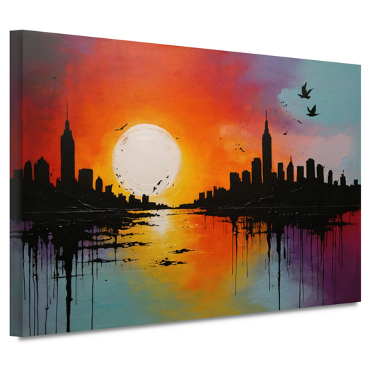 Abstracte stadssilhouet bij zonsondergang canvas