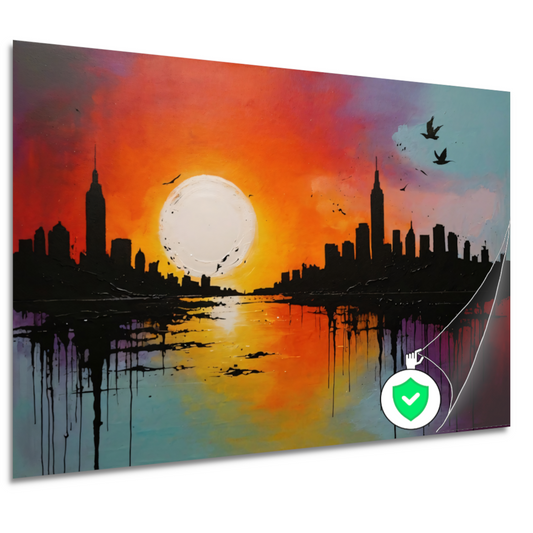 Abstracte stadssilhouet bij zonsondergang poster