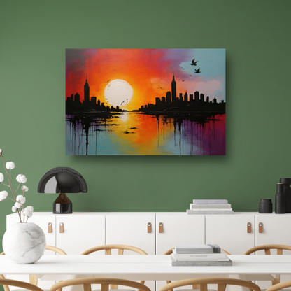 Abstracte stadssilhouet bij zonsondergang canvas