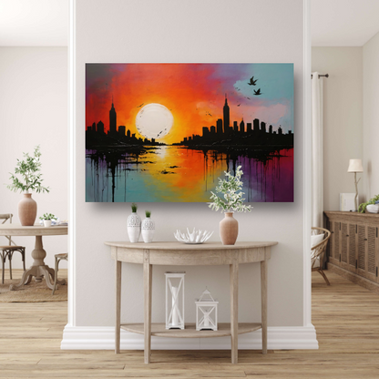 Abstracte stadssilhouet bij zonsondergang canvas