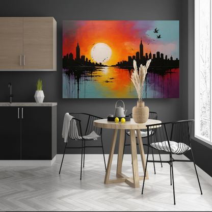 Abstracte stadssilhouet bij zonsondergang canvas