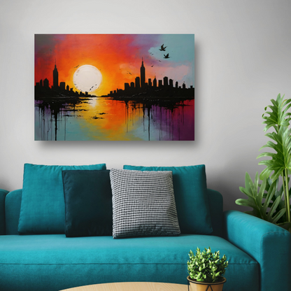 Abstracte stadssilhouet bij zonsondergang canvas