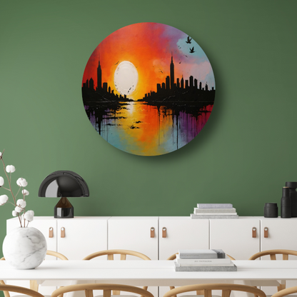 Abstracte stadssilhouet bij zonsondergang forex muurcirkel
