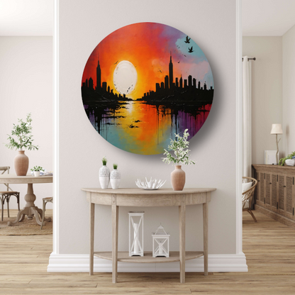 Abstracte stadssilhouet bij zonsondergang forex muurcirkel