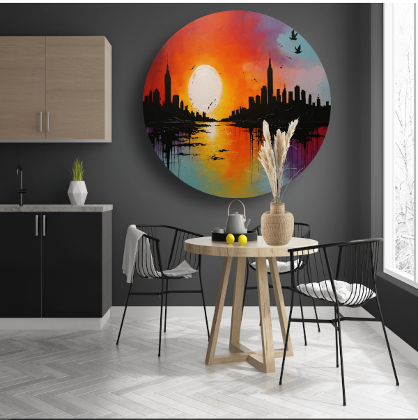 Abstracte stadssilhouet bij zonsondergang forex muurcirkel