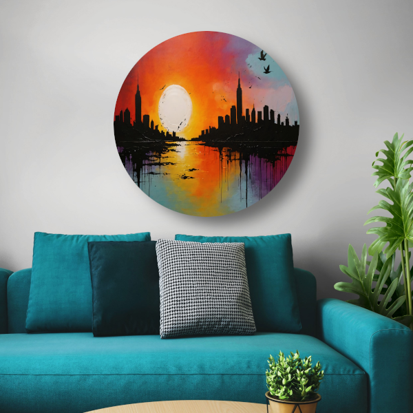 Abstracte stadssilhouet bij zonsondergang forex muurcirkel