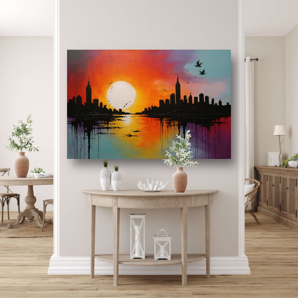 Abstracte stadssilhouet bij zonsondergang poster