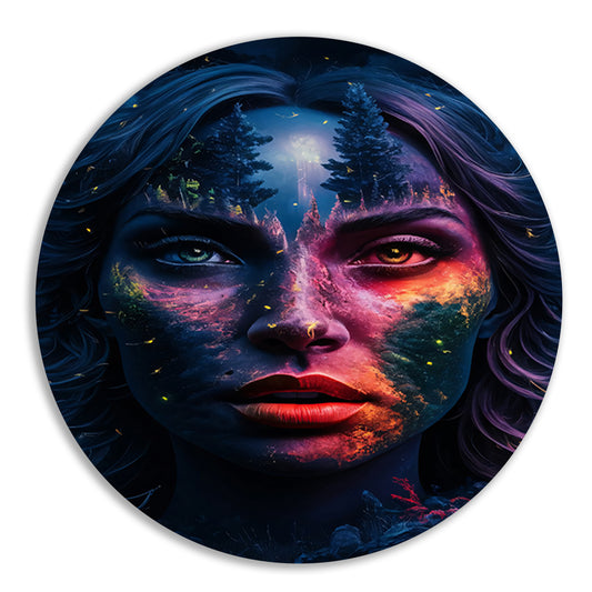 Surrealistisch portret met boslandschap aluminium muurcirkel