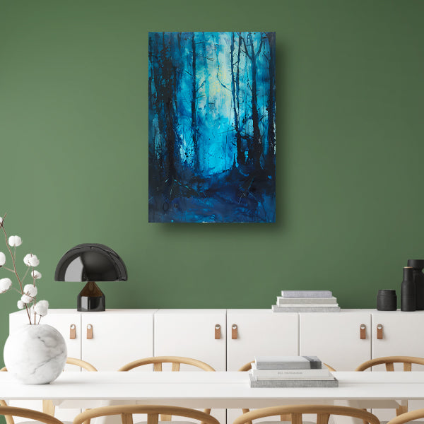 Abstract blauw bos in dynamische penseelstreken poster