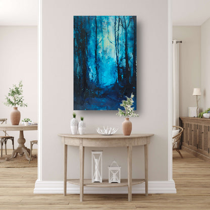 Abstract blauw bos in dynamische penseelstreken poster