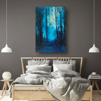 Abstract blauw bos in dynamische penseelstreken poster