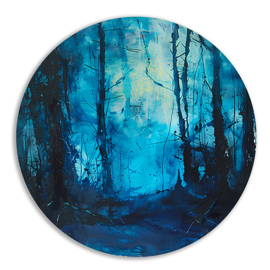 Abstract blauw bos in dynamische penseelstreken aluminium muurcirkel