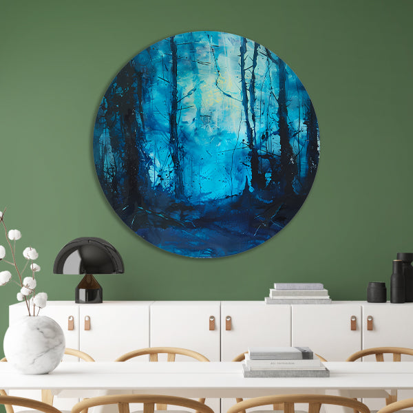Abstract blauw bos in dynamische penseelstreken aluminium muurcirkel