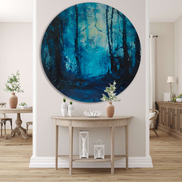 Abstract blauw bos in dynamische penseelstreken aluminium muurcirkel