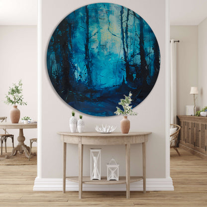 Abstract blauw bos in dynamische penseelstreken aluminium muurcirkel
